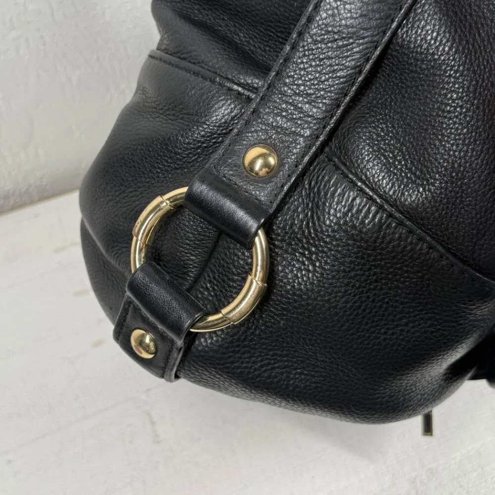Michael Kors Black Leather Hobo Shoulder Bag Gold MK Logo Zip Top Medium